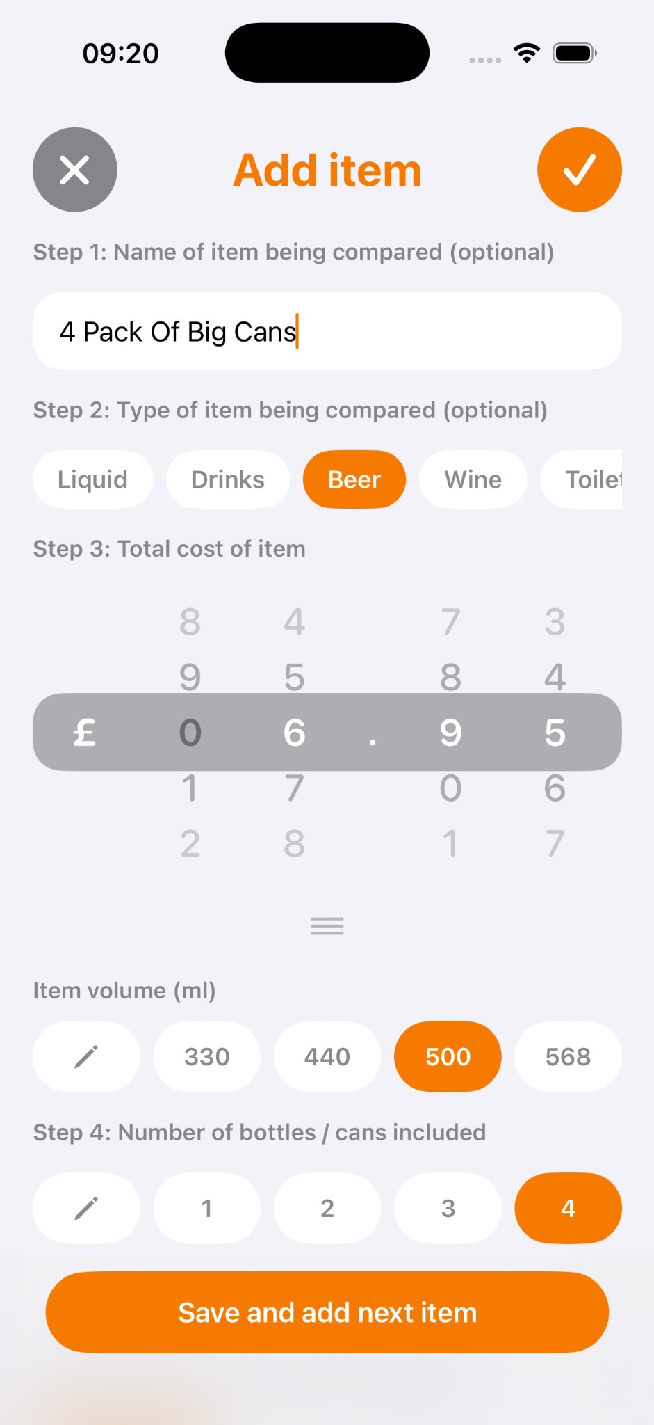 Add Item screen with rolling price control and product presets