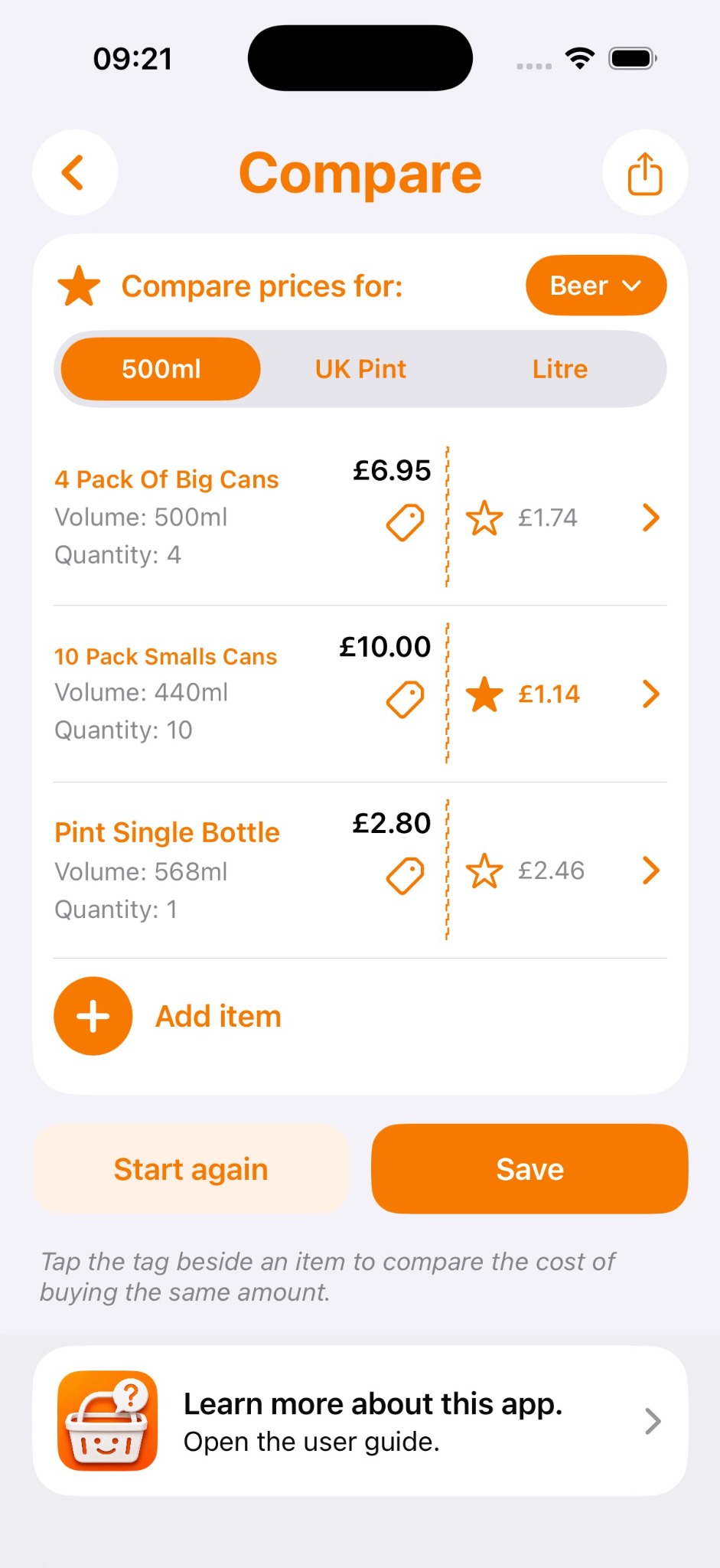 Compare screen showing products normalised to a 500 ml price