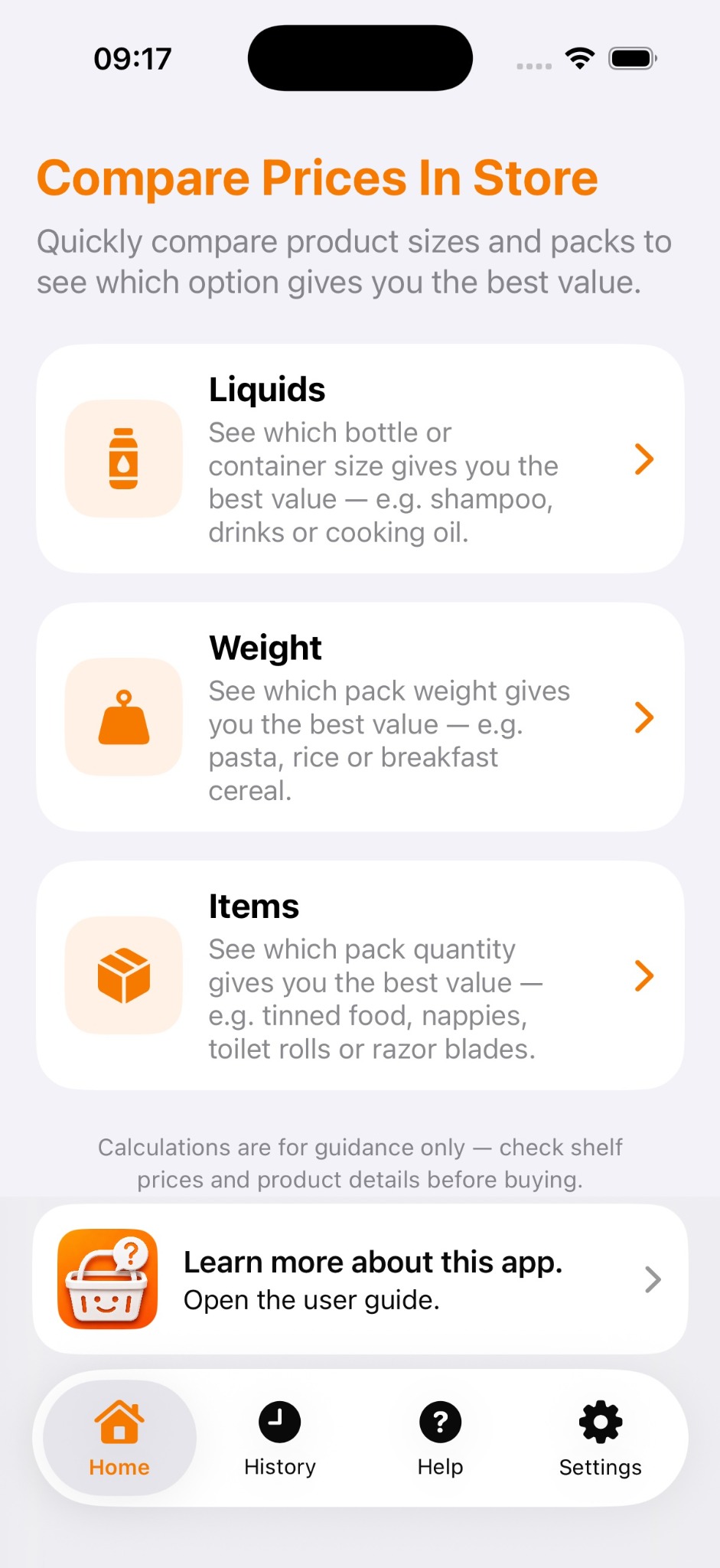 Home screen showing Liquids, Weight and Items comparison types